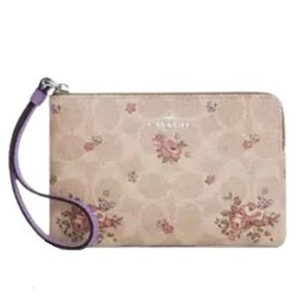 Coach Floral Signature Canvas Corner Zip Wristlet Sand Multi CAQ59 NEW